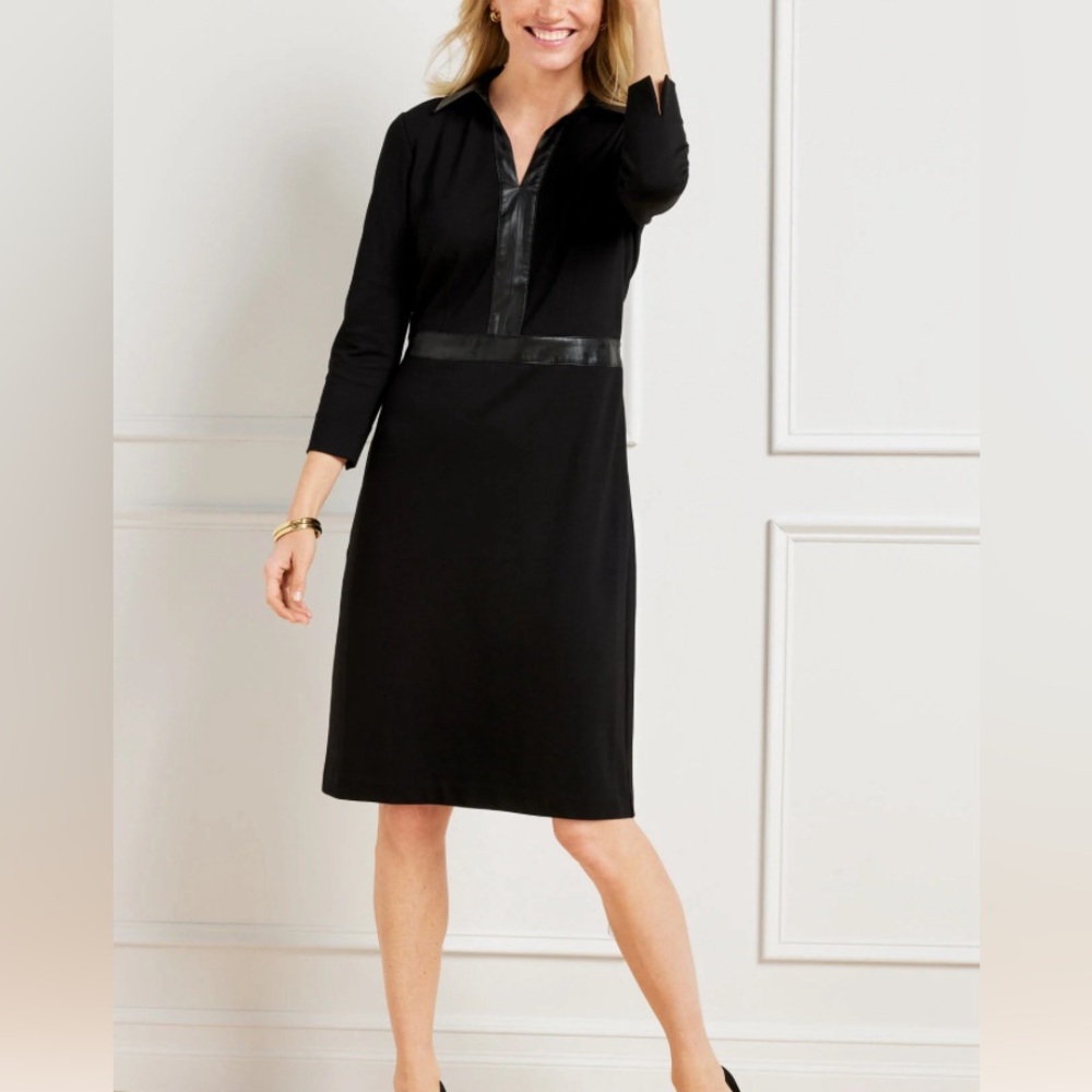 Talbots Black Faux Leather Trim Ponte Dress Size 10 Petite